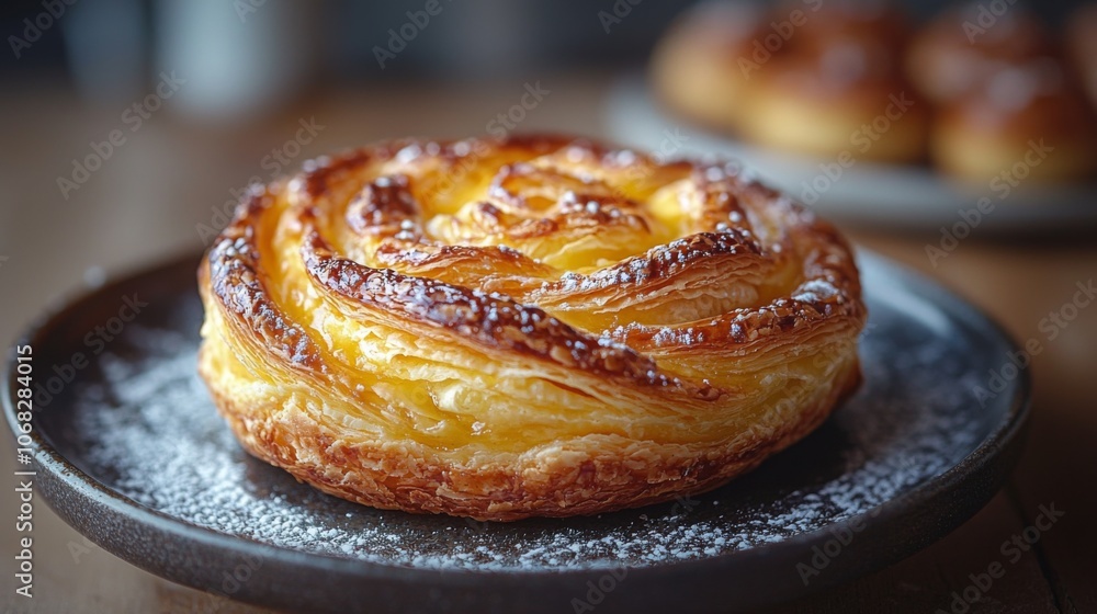 Delicious Golden Pastry with Powdered Sugar on Black Plate Delicious Golden Pastry with Powdered Sugar on Black Plate