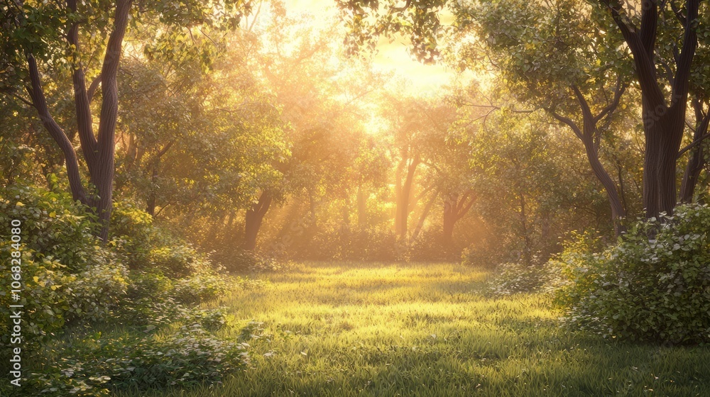 Serene Sunset in Enchanted Forest Clearing - Vibrant Orange and Pink Sky Casting Magical Glow Over Trees and Underbrush Serene Sunset in Enchanted Forest Clearing - Vibrant Orange and Pink Sky Casting Magical Glow Over Trees and Underbrush