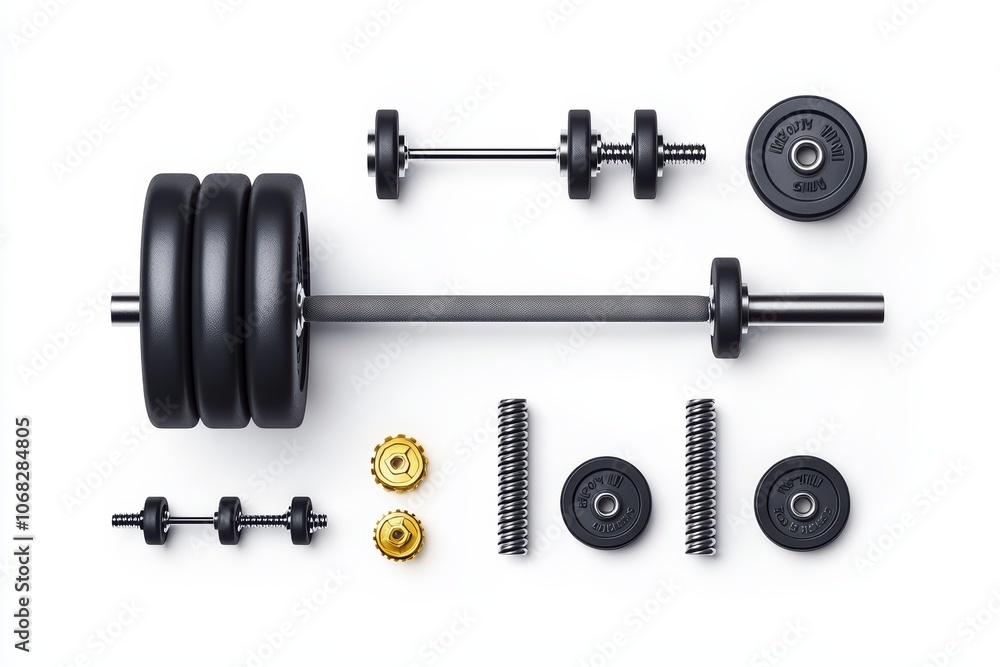 Weightlifting equipment arranged on a white isolate background. Weightlifting equipment arranged on a white isolate background.
