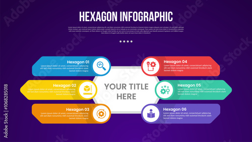 hexagon or hexagonal six sided polygon template infographic with big center base with container spreading around with 6 point with dark style for slide presentation