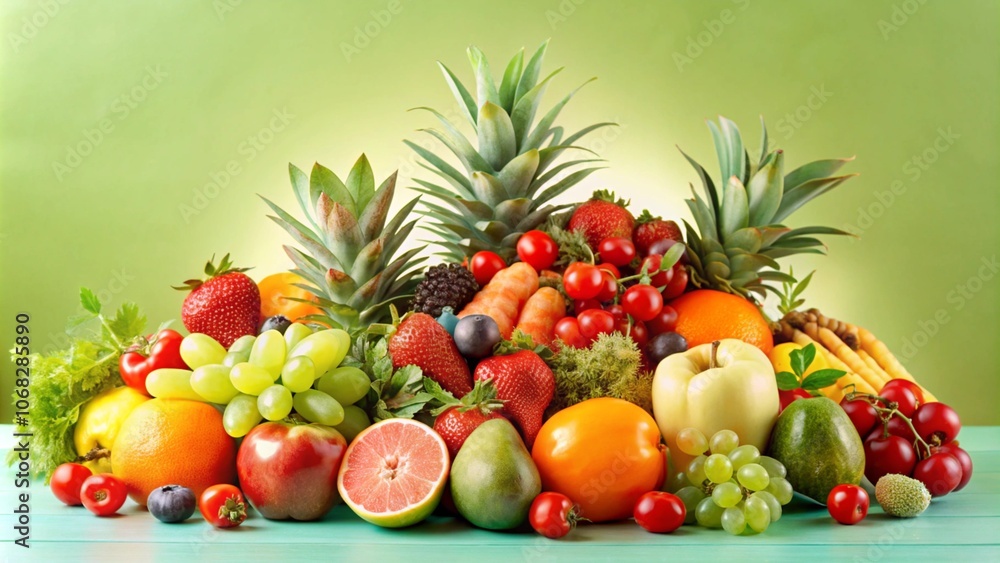 Assortment of fresh fruits and vegetables on a wooden table. Assortment of fresh fruits and vegetables on a wooden table.
