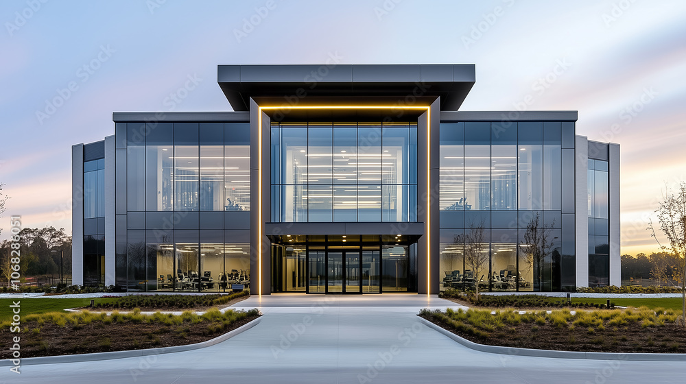 Fototapeta premium A stunning modern building features expansive glass windows surrounded by landscaped greenery during twilight