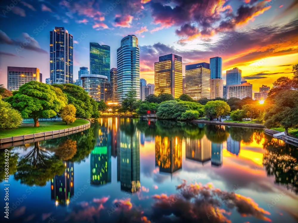 Naklejka premium Captivating Long Exposure View of Urban Cityscape at Dusk, Featuring Beautiful Nature Elements with Real Estate Logo Design Template Integration for Marketing and Branding Purposes