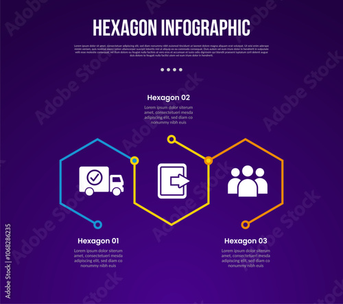 hexagon or hexagonal six sided polygon template infographic with creative outline shape connection on horizontal direction with 3 point with dark style for slide presentation