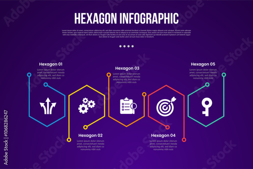 hexagon or hexagonal six sided polygon template infographic with outline base unconnection on horizontal direction with 5 point with dark style for slide presentation