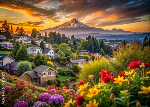 Serene Bokeh View of Happy Valley Residential Neighborhood Nestled Against Mount Talbert's Scenic Backdrop with Lush Greenery and Tranquil Atmosphere Captured in Soft Lighting photo