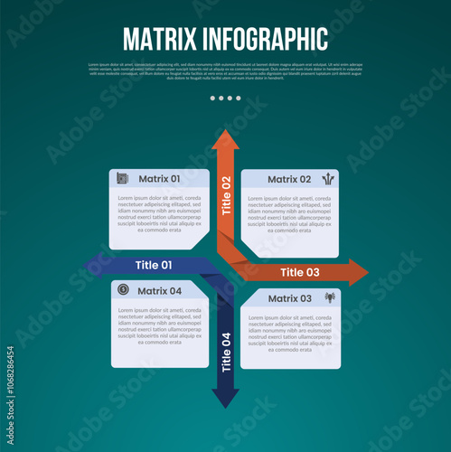 matrix structure dimensions template infographic with box and arrow separator divider with 4x4 dimension point with dark style for slide presentation