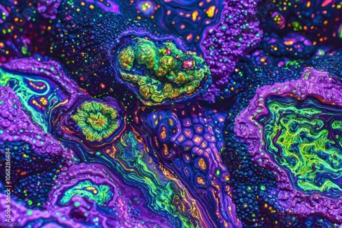 A vibrant, abstract representation of colorful mineral formations, showcasing intricate textures and patterns.