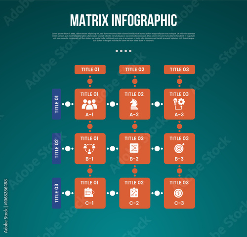 matrix structure dimensions template infographic with simple box structure with 3x3 dimension with dark style for slide presentation
