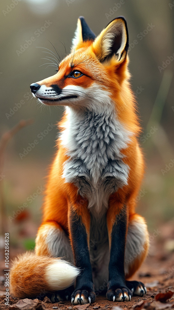 Fototapeta premium Realistic Cute and Strict Fox on a Blurred Forest Background, Soft and Fluffy, Highly Detailed Focus