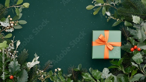 A beautifully wrapped gift surrounded by festive greenery creating a perfect holiday scene
