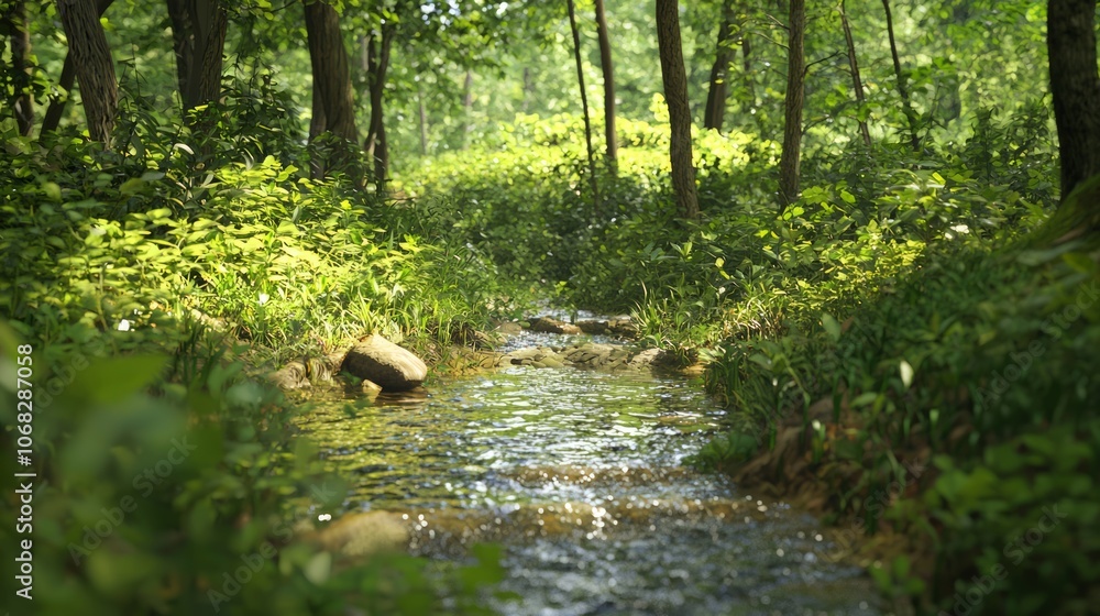 Fototapeta premium Tranquil Forest Glade with Gentle Stream Flowing - Ultra-Detailed Nature Photography Creating Peaceful Atmosphere