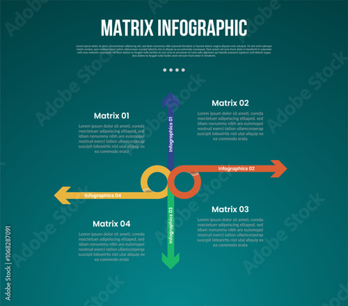 matrix structure dimensions template infographic with long line arrow with circular shape with 4x4 dimension with dark style for slide presentation