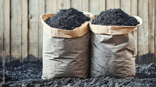 Two Paper Bags Filled with Black Charcoal Fragments photo