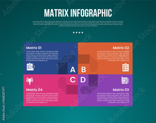 matrix structure dimensions template infographic with big rectangle shape with sharp edge and circular icon center with 4x4 dimension with dark style for slide presentation