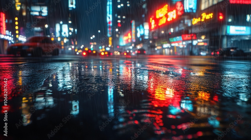 Obraz premium Urban night scene with neon lights reflecting on wet pavement