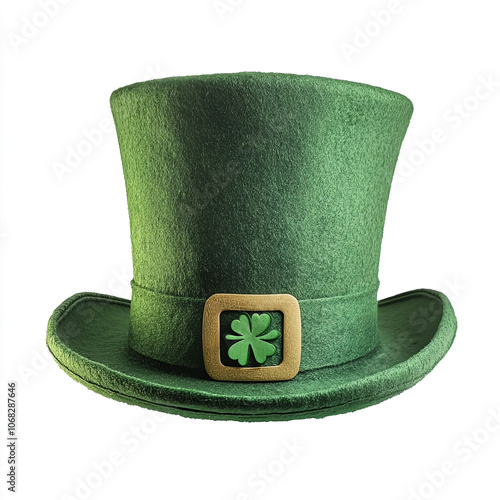 Green leprechaun hat with buckle and shamrock decoration for St. Patrick's Day celebrations on white isolated background. photo