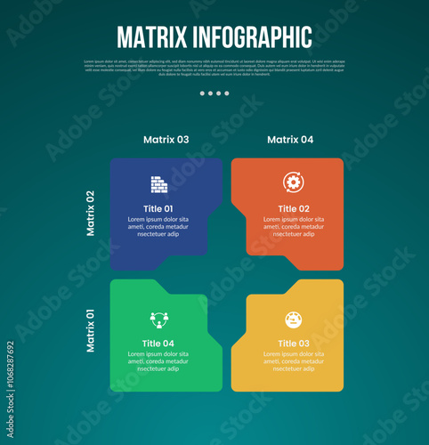 matrix structure dimensions template infographic with big shape and arrow shape center with 4x4 dimension with dark style for slide presentation