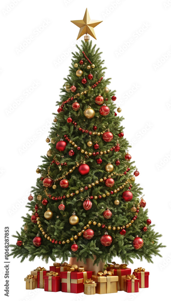 Decorative Christmas Tree with Ornaments on White Background, Christmas Festive Concept. Transparent PNG Format. Decorative Christmas Tree with Ornaments on White Background, Christmas Festive Concept. Transparent PNG Format.