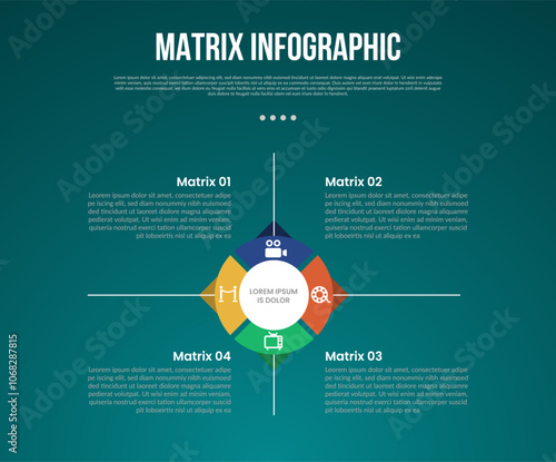 matrix structure dimensions template infographic with big circle center with line divider with symmetric base with 4x4 dimension with dark style for slide presentation