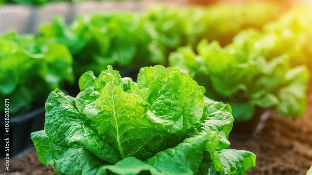 Fresh lettuce plants grow in soil, bathed in warm sunlight, their lush green leaves. Fresh lettuce plants grow in soil, bathed in warm sunlight, their lush green leaves.