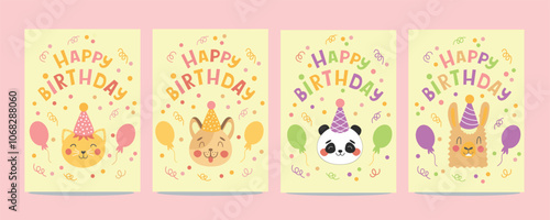 Childrens birthday card set. Birthday cards with cute animals with party hats and balloons. Vector illustration template