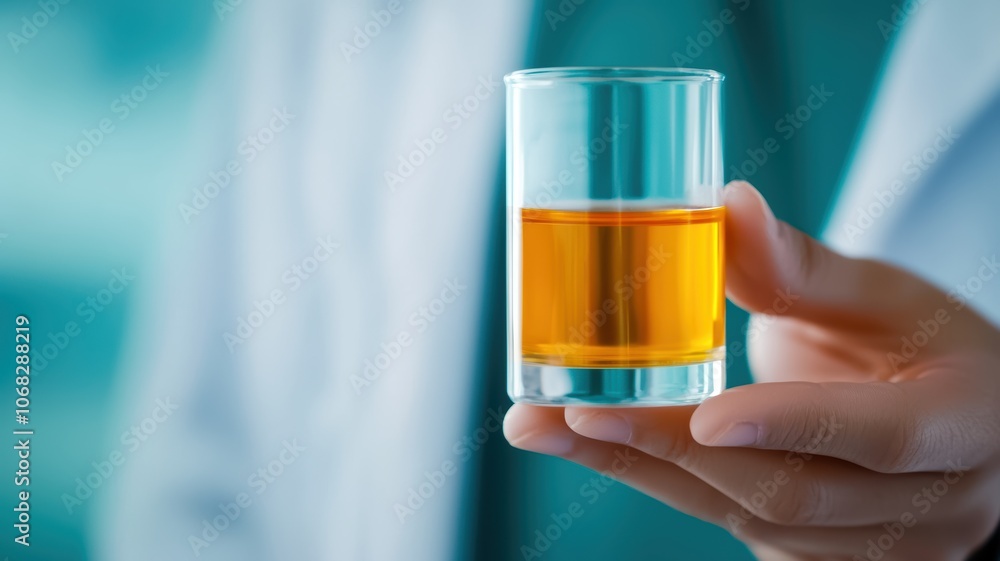 A person in a lab coat holds a small glass containing a yellow liquid, possibly signifying a laboratory or medical environment. A person in a lab coat holds a small glass containing a yellow liquid, possibly signifying a laboratory or medical environment.