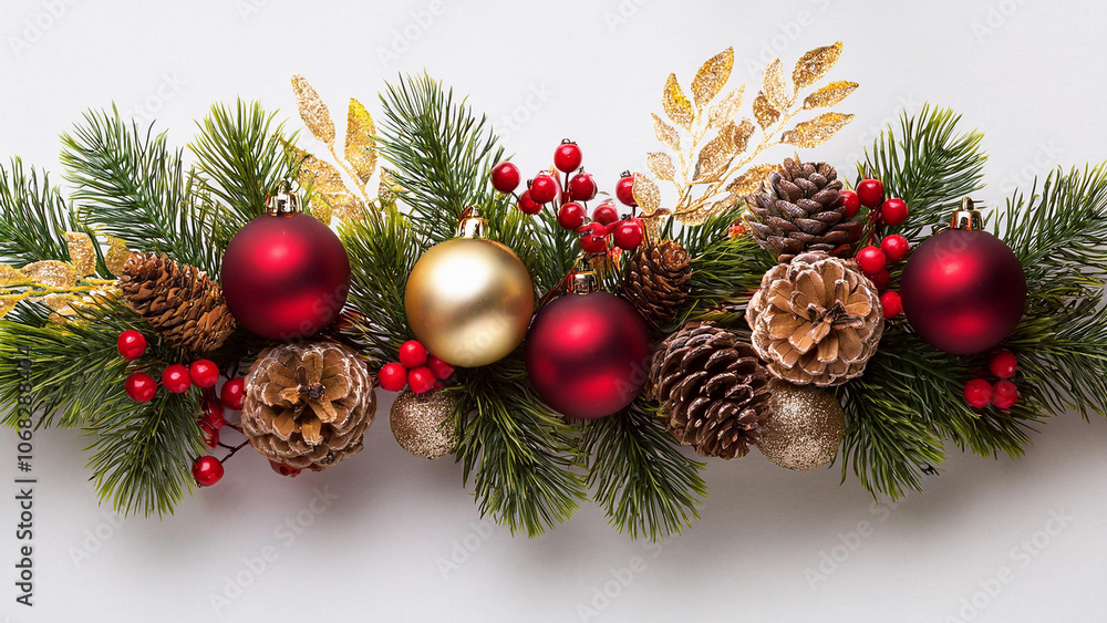 Christmas garland with red and gold baubles, berries, and pinecones on a white background. PNG transparent. Christmas garland with red and gold baubles, berries, and pinecones on a white background. PNG transparent.