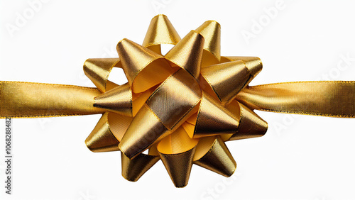 Shiny golden gift bow with textured ribbon loops on a white background. PNG transparent.