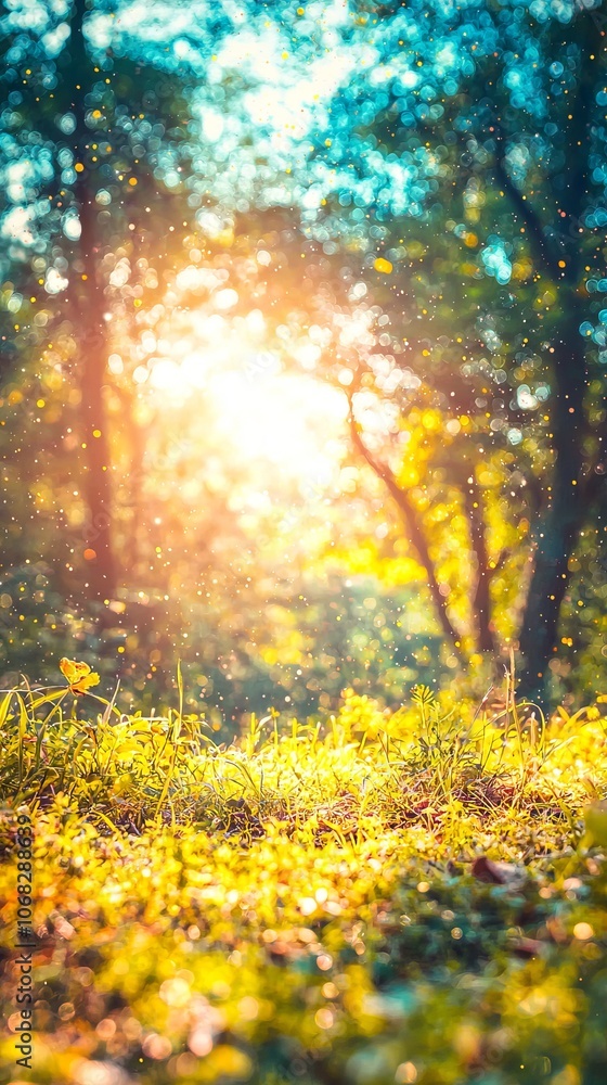 Obraz premium A serene forest scene with sunlight filtering through trees and grass.