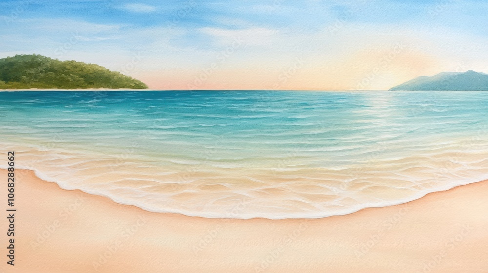 Fototapeta premium Peaceful ocean waves on sandy beach at sunrise Watercolor-style illustration of gentle waves washing onto a sandy beach with a serene sunrise, evoking calm and relaxation