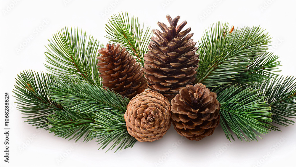 Pine cones and green pine branches arranged together, isolated on a white background. PNG transparent.
