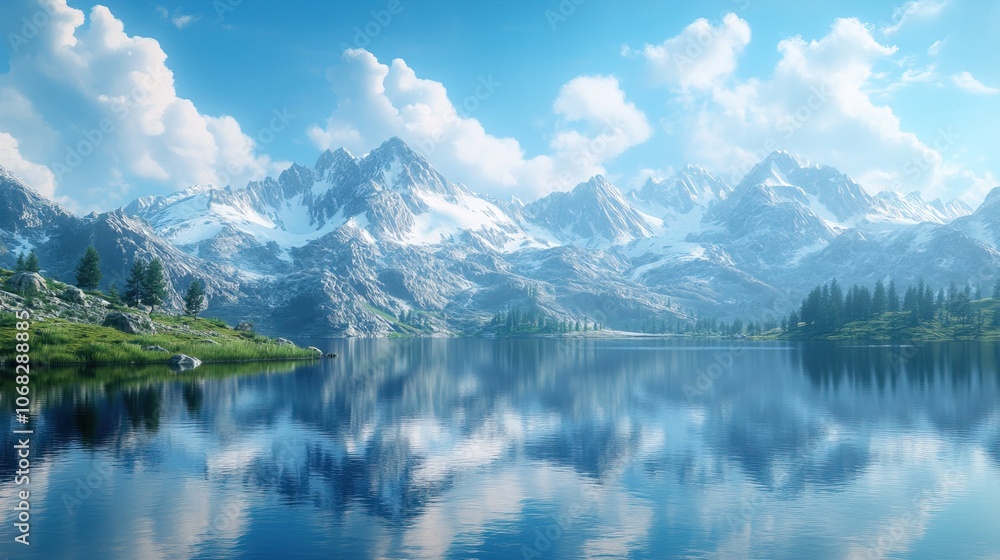 Serene mountain landscape with reflective water surface Serene mountain landscape with reflective water surface