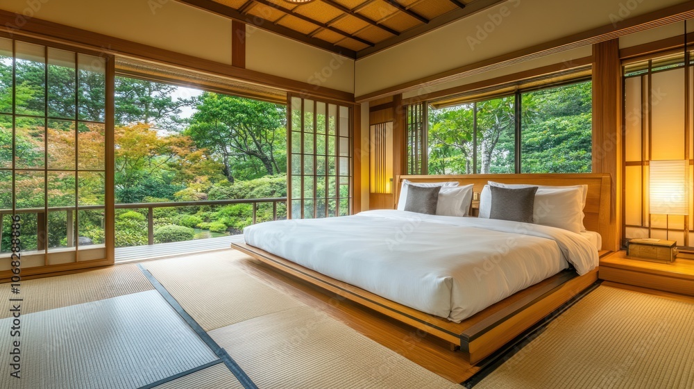 Japanese-style luxury bedroom with tatami mats, low-profile bed, and serene garden view Japanese-style luxury bedroom with tatami mats, low-profile bed, and serene garden view