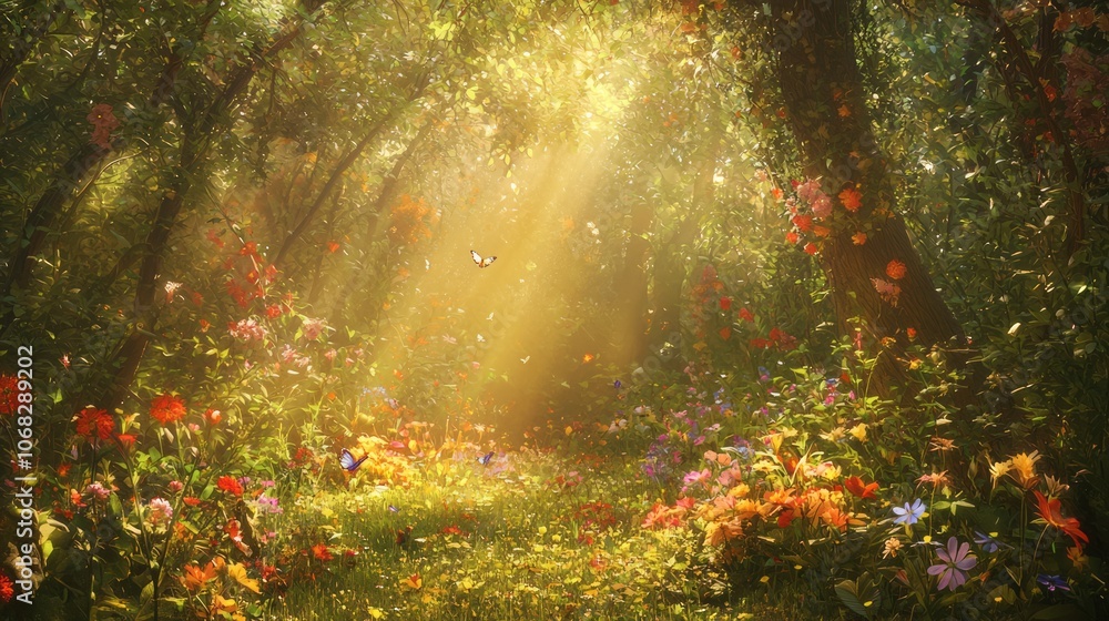 Obraz premium Enchanting Forest Blooming with Wildflowers under Golden Sunlight - Ultra-Detailed Nature Scene with Bees and Butterflies