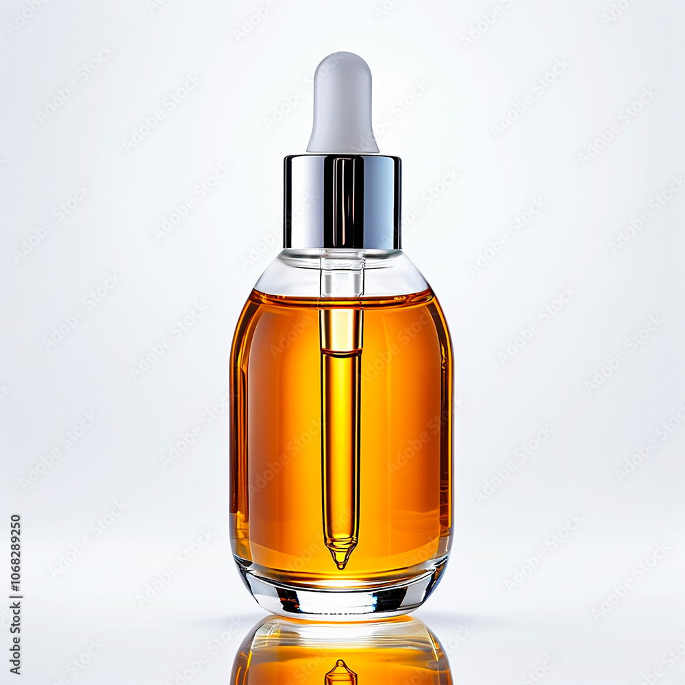 Clear glass dropper bottle filled with golden brown liquid Clear glass dropper bottle filled with golden brown liquid