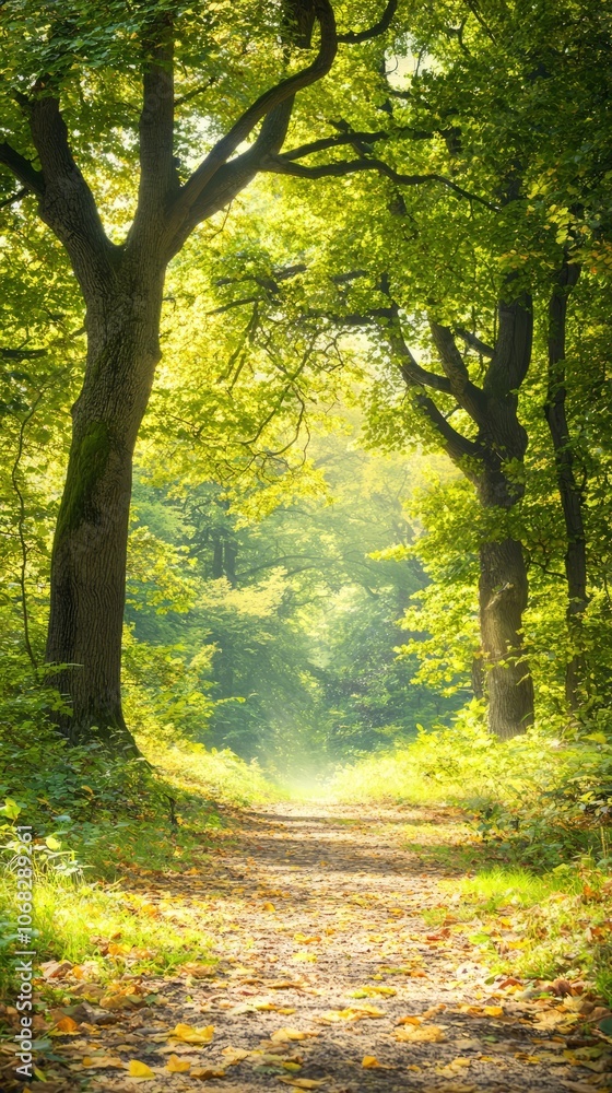 Obraz premium A serene forest path illuminated by sunlight, inviting exploration.