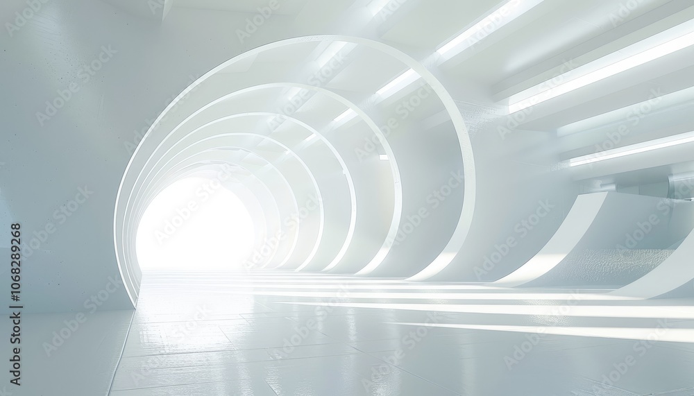Modern White Architectural Interior with Circular Shapes and Bright Lighting Modern White Architectural Interior with Circular Shapes and Bright Lighting