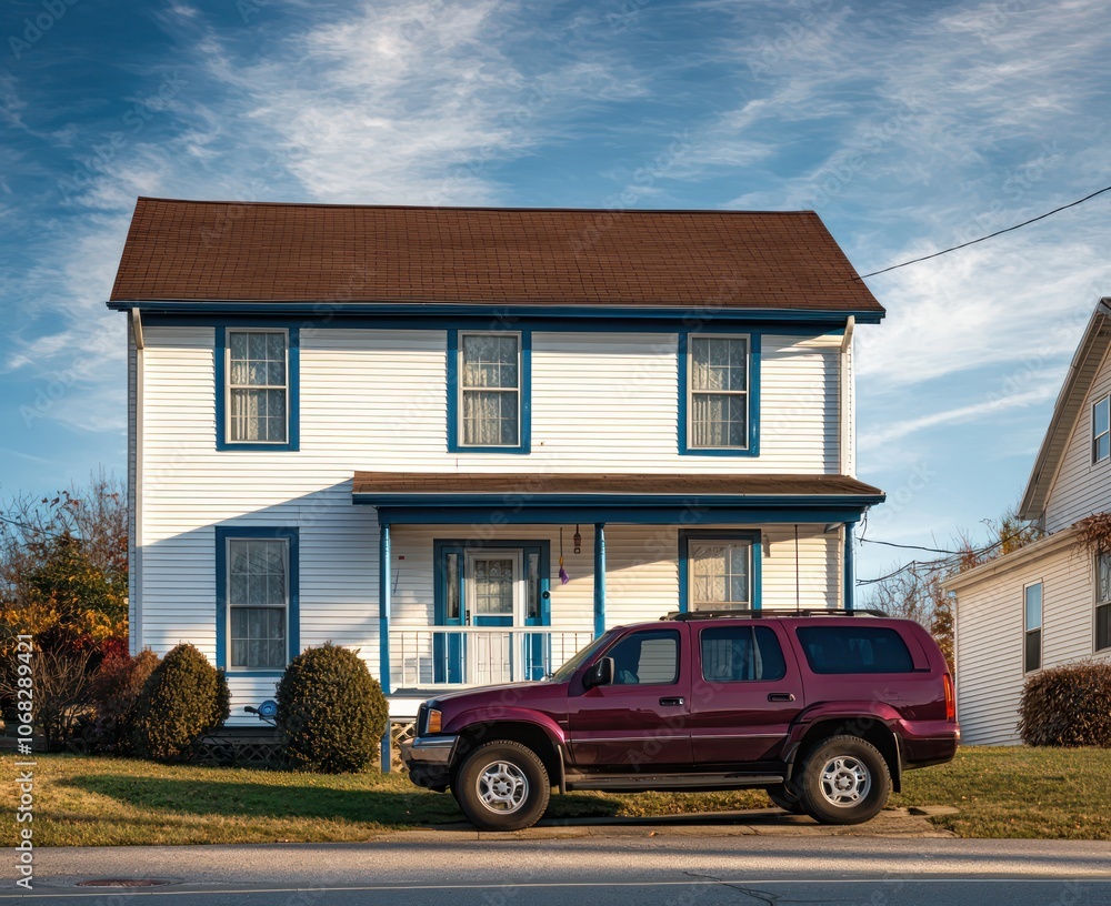 Bright suburban home in West Virginia, white with blue trim, featuring a burgundy SUV. Bright suburban home in West Virginia, white with blue trim, featuring a burgundy SUV.