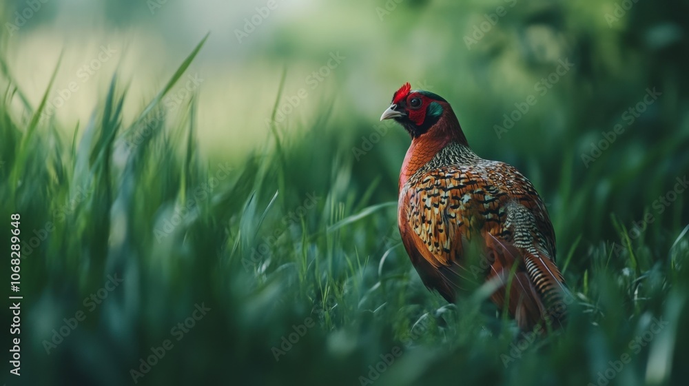 Pheasant with patterned feathers on vibrant green grass in daylight Pheasant with patterned feathers on vibrant green grass in daylight