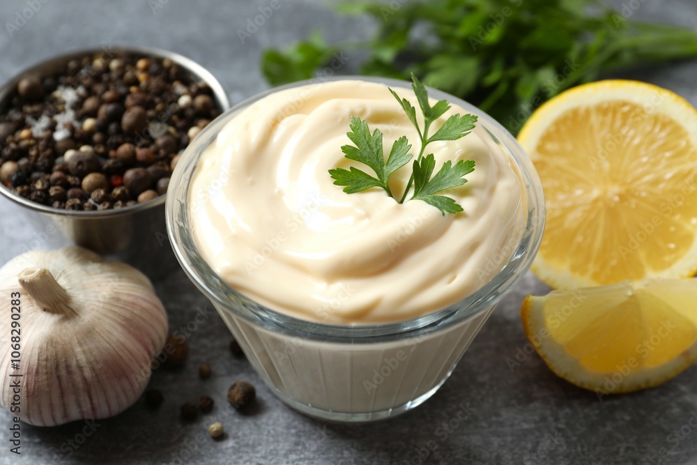 Bowl with mayonnaise and ingredients for cooking on gray background Bowl with mayonnaise and ingredients for cooking on gray background