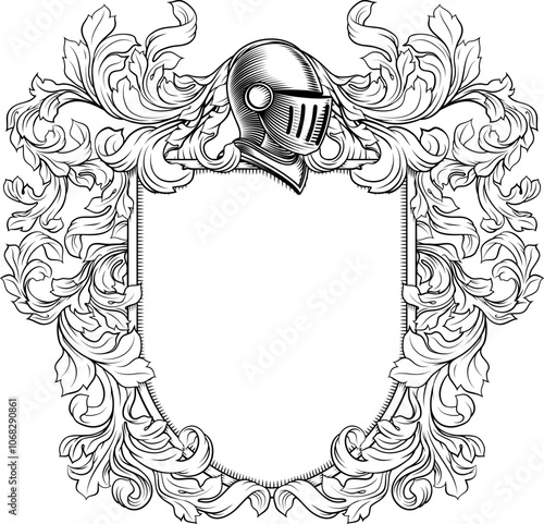 Coat of arms crest knight family medieval shield heraldry heraldic armorial motif. Featuring a knights helm helmet in a vintage etching engraving woodcut style