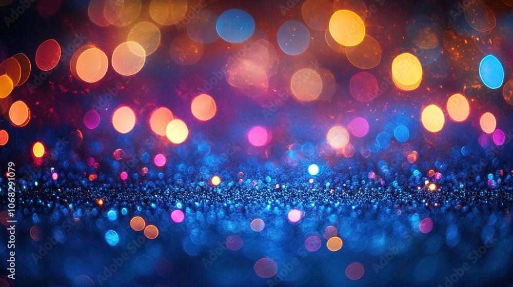 Vibrant glowing blue background with multicolored bokeh lights Vibrant glowing blue background with multicolored bokeh lights