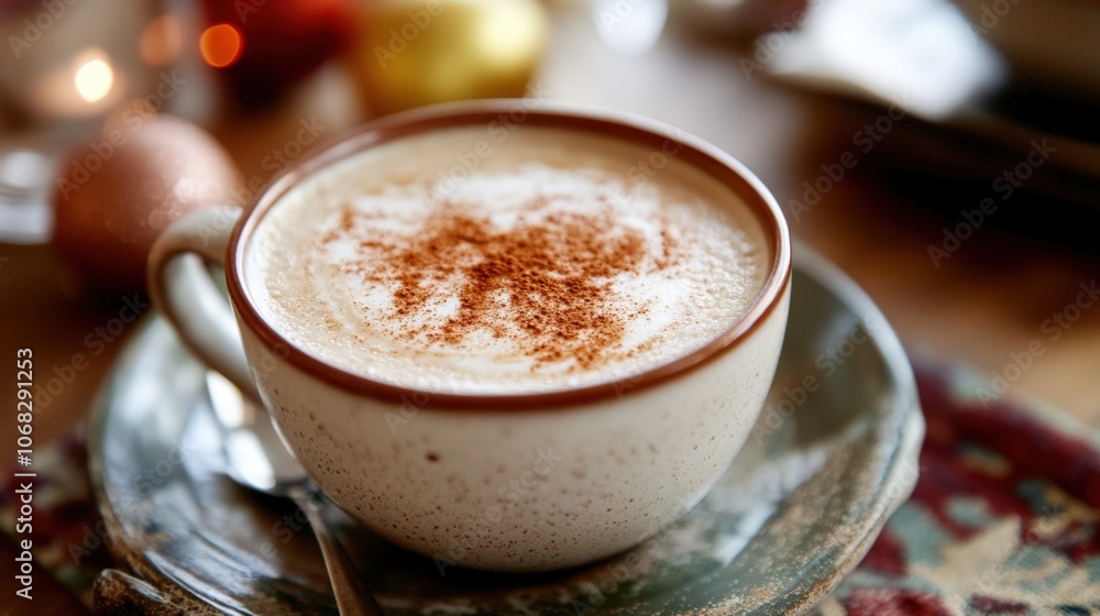 Cozy close-up of a cup of latte with a sprinkle of cinnamon, surrounded by warm tones of a holiday table setting. Cozy close-up of a cup of latte with a sprinkle of cinnamon, surrounded by warm tones of a holiday table setting.