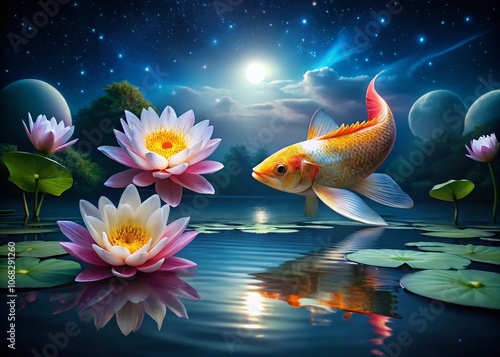 Serene Night Photography of Koi Fish Swimming in a Tranquil Lotus Pond Under the Stars with Reflections of Moonlight Creating a Magical Atmosphere for Nature Lovers photo