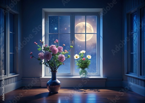 Captivating Night Photography of an Empty Room with a Window Framed by Delicate Flowers, Evoking Serenity and Tranquility in a Dreamy Atmosphere