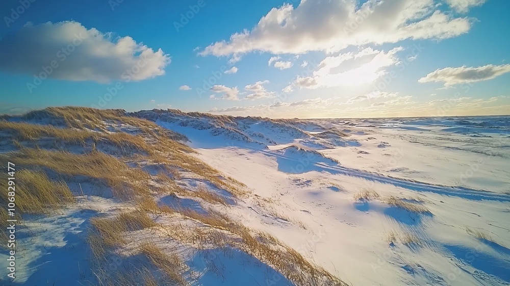 A serene winter landscape with snow-covered dunes and a bright sky. A serene winter landscape with snow-covered dunes and a bright sky.
