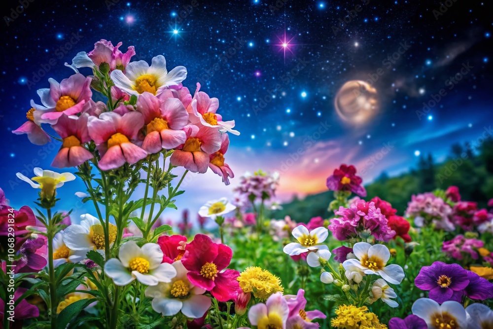 Fototapeta premium Captivating Night Photography of Blooming Nemesia in a Vibrant Garden Under a Starlit Sky During Sunny June, Showcasing Nature's Beauty and Serenity in Full Bloom