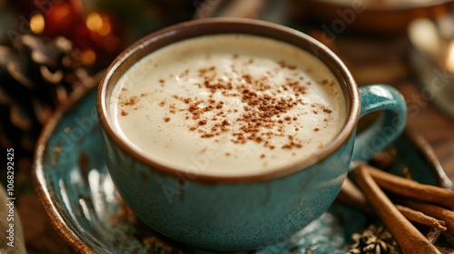 Cozy close-up of a cup of latte with a sprinkle of cinnamon, surrounded by warm tones of a holiday table setting.