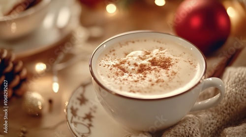 Cozy close-up of a cup of latte with a sprinkle of cinnamon, surrounded by warm tones of a holiday table setting.